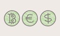 Currency doodle icons. Hand drawn dollar, euro and bitcoin icons. Vector icons isolated on white background. Royalty Free Stock Photo